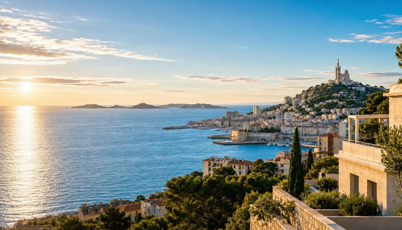 Vue de Marseille et de Notre-Dame de la Garde au coucher du soleil, depuis les hauteurs de la ville