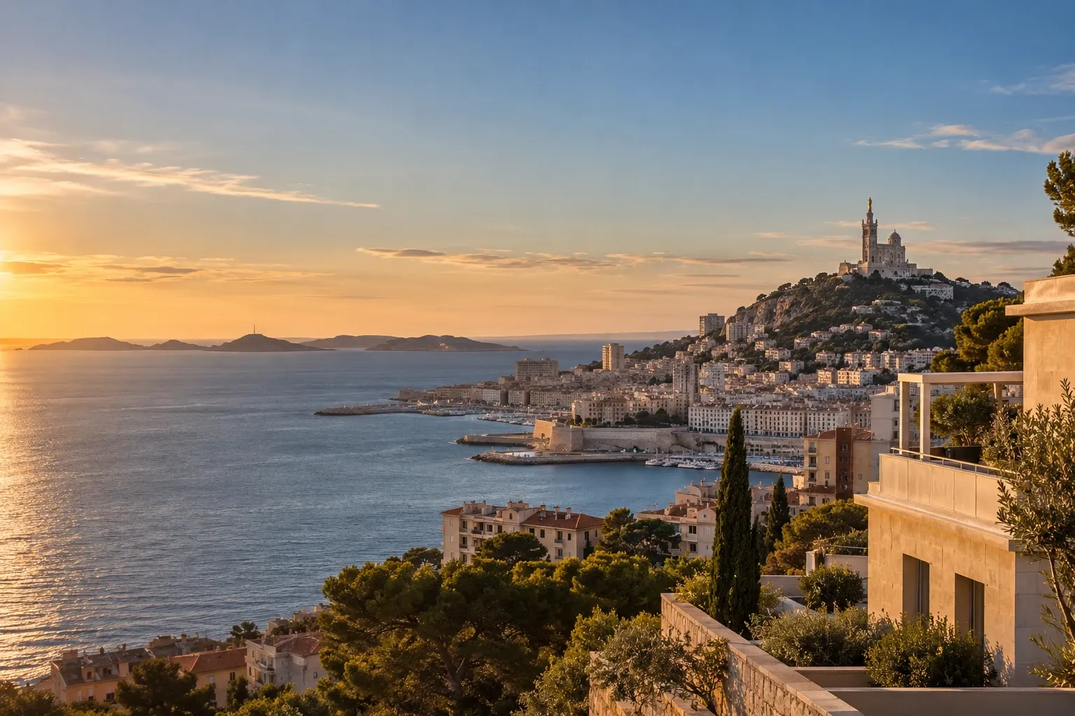 Vue de Marseille et de Notre-Dame de la Garde au coucher du soleil, depuis les hauteurs de la ville