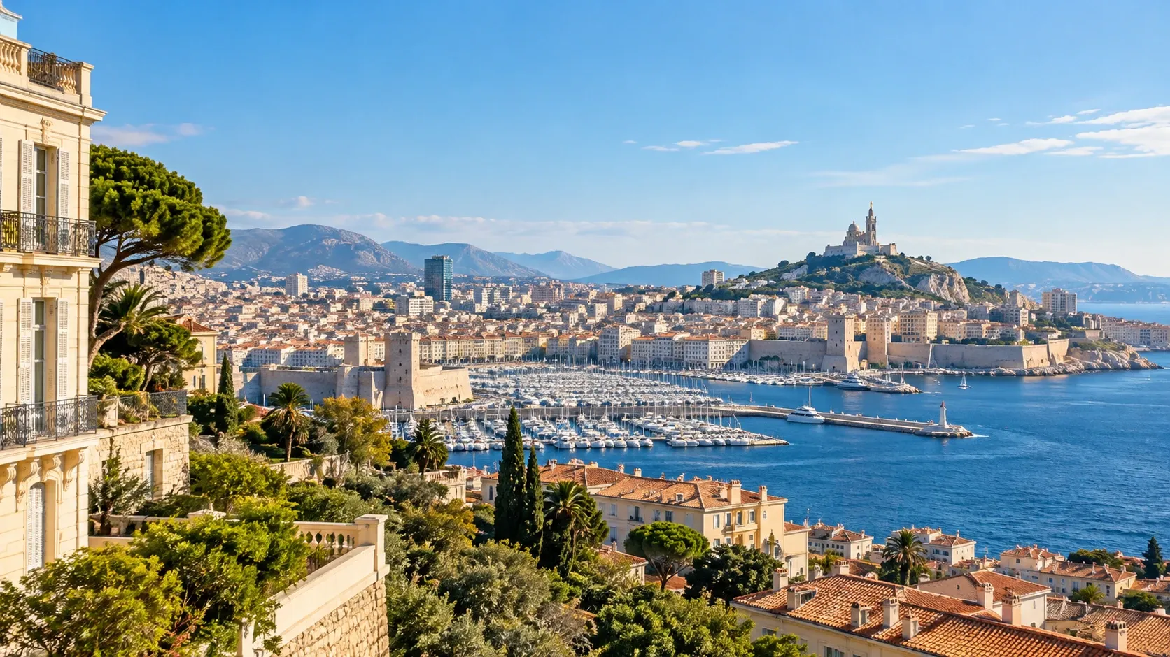Vue panoramique du Vieux-Port de Marseille et de Notre-Dame-de-la-Garde