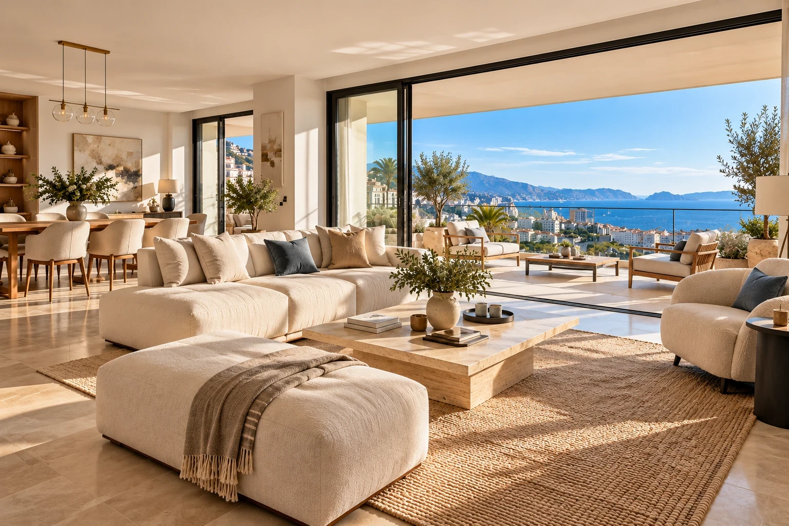 Salon lumineux d'un appartement haut de gamme avec vue ouverte sur la mer