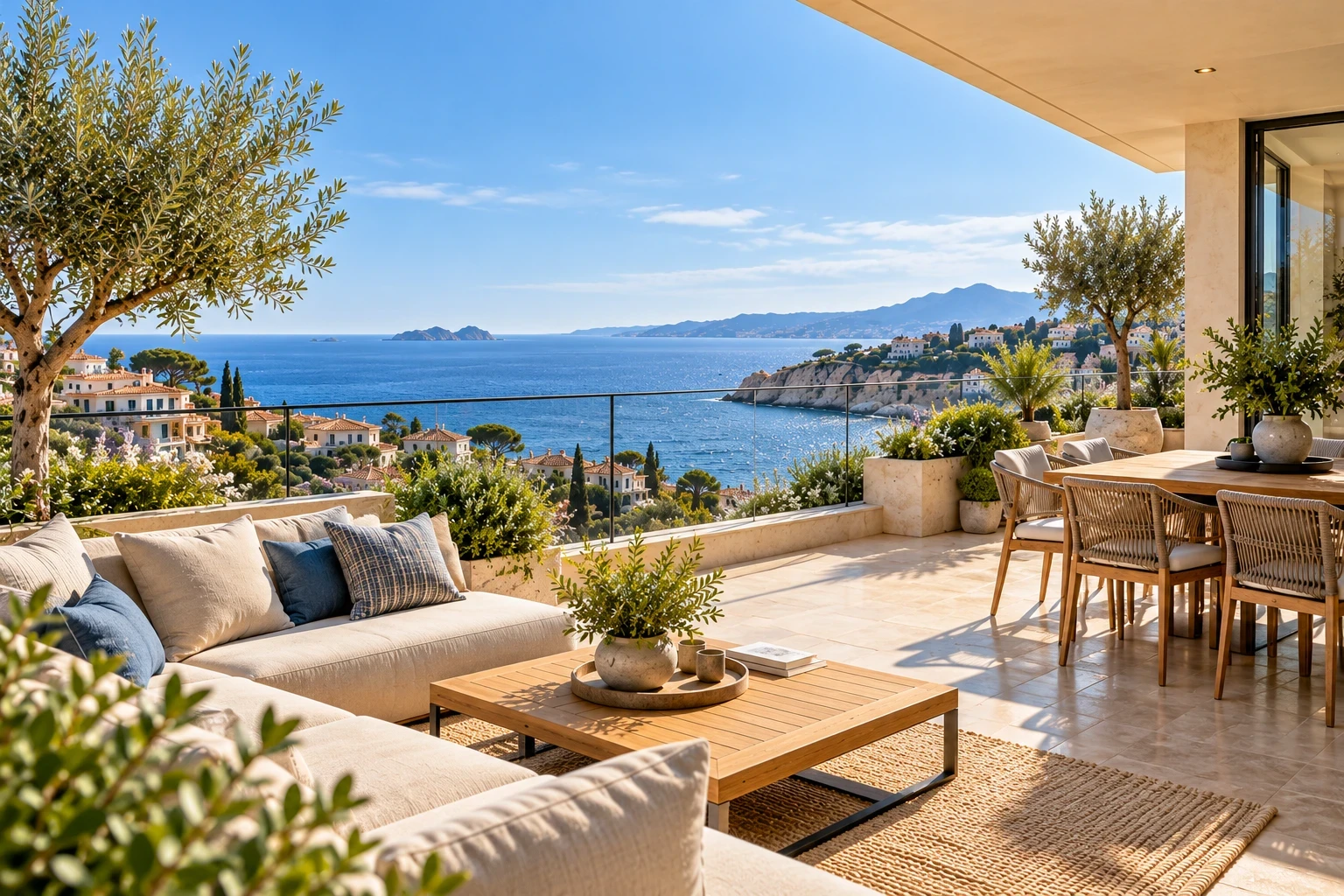 Terrasse haut de gamme avec végétation méditerranéenne et vue sur la mer